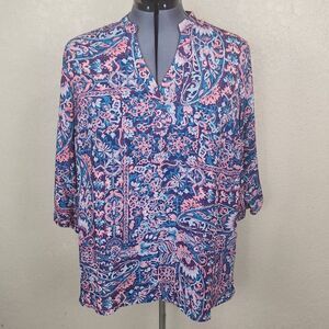 Boutique+ Pink and Blue Paisley Print Blouse 1X (4988)